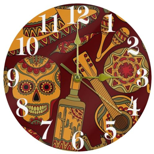 VAPOKF Orologio da parete con teschio messicano a forma di chitarra cactus peperoncino, silenzioso, senza ticchettio, funzionamento a batteria, rotondo, orologio da parete per casa/cucina/ufficio
