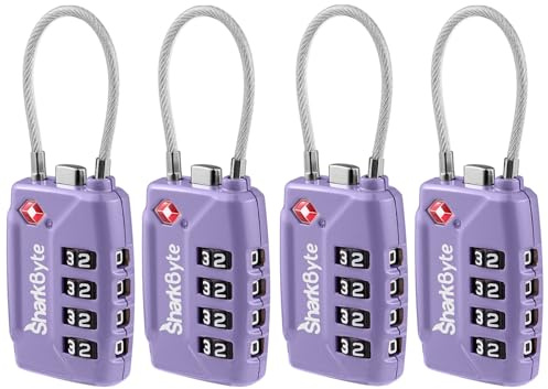 SharkByte Lot de 4 cadenas à combinaison approuvés par la TSA – Cadenas de sécurité à combinaison de voyage à 4 cadrans en fil de câble flexible pour valises, serrures à bagages, valise, sac de voyage