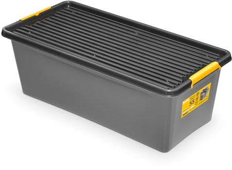 KONZEPT Aufbewahrungsbox mit Deckel 55 L – inkl. beschriftbaren Etiketten, aus hochwertigem Kunststoff, stapelbar und stabilen Verschlussclips, ideal für Keller, Werkstatt, Garage