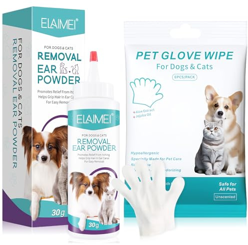 exatta Ohrenreiniger Hund, Handschuhtücher für Haustiere, Pulver zur Enthaarung von Hundeohren, Waschhandschuh Hund, Ohrreiniger Reinigungstücher für Hund und Katze, Reinigt das Haar