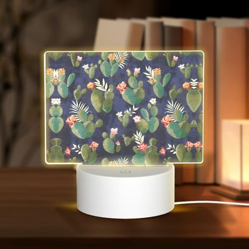 POEZJZW Aquarell-Kaktus-Muster, LED-Lampensockel, Nachtlicht, Acryl, USB, 3 Modi, für Zimmer, Café, Bar, Geburtstagsparty