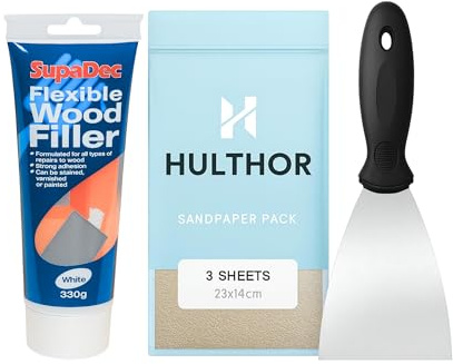 Wood Filler White – Wall Repair Kit with 3” Filling Knife & Sandpaper Sheets – Ready Mixed Wall, Plaster, Crack & Hole Filler for DIY Decorating