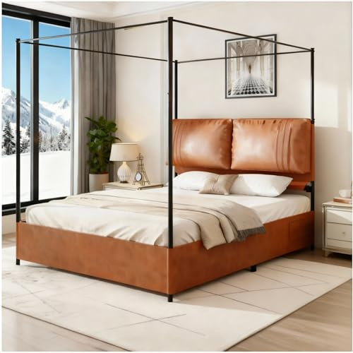 muenfly Himmelbett Bettgestell 140x200cm mit Stauraum unter dem Bett & Zwei Leder-Weichkissen Metallbett Bettrahmen Lattenrost Doppelbett Jugendbett Schlafzimmerbett Schwarz