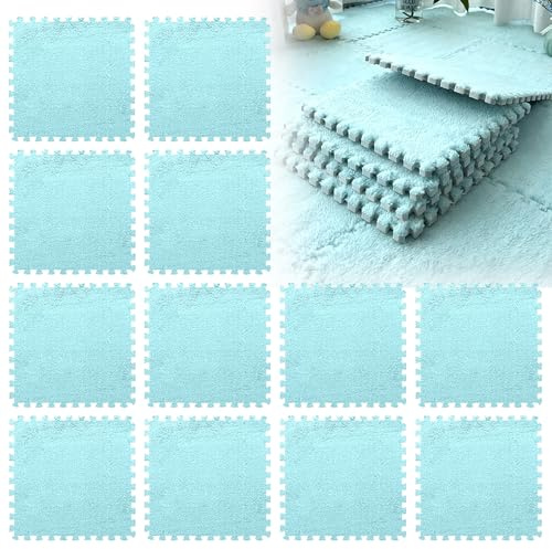 LUPATDY 12 Stück Ineinandergreifende Plüsch Schaumstoffmatte, 30x30cm Schaumstoff Puzzle Matten, Flauschige Wohnzimmer Schlafzimmer Teppichfliesen, Bodenfliesen Für Spielz, Himmelblau