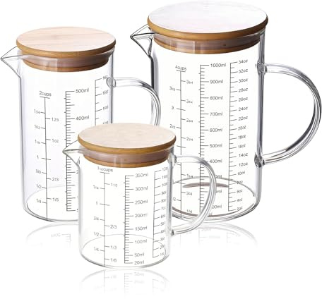 Set Di 3 Brocca Dosatrice in Vetro: Misurino in Vetro Con Manico E Scala, Caraffa Graduata in Vetro Borosilicato Con Coperchio in Bambù, Scala Precisa Ideale per Cuocere, Cucinare E Miscelare