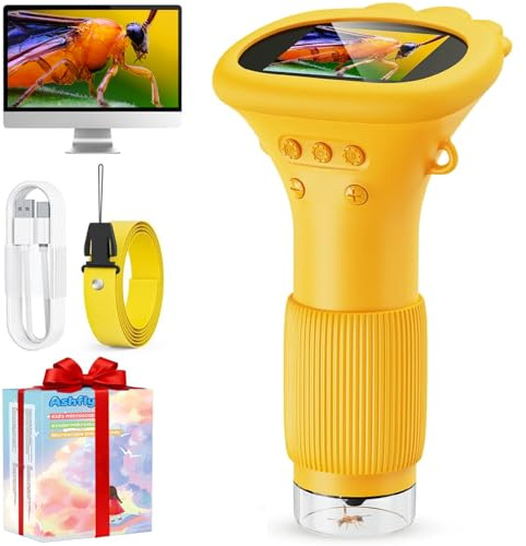 Mikroskop für Kinder, Ashfly 1000X Taschenmikroskop mit 2,0 IPS-Bildschirm USB Microscope Lupe, 8 LED Lights -Anschluss an PC, Mini-Kindermikroskop für Ostern Spielzeug - Orange