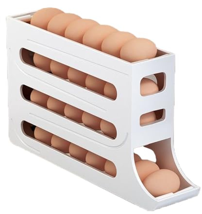 4 Tier Automatic Rolling Egg Holder for Fridge, Space-Saving Egg Dispenser Rack Holds up to 30 Eggs, Durable Plastic Egg Organizer for Refrigerator, Kitchen Counter & Pantry (White) (White)