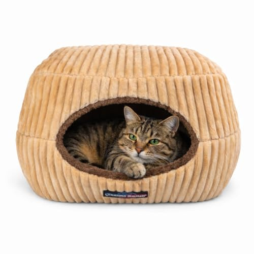 Katzenbett & Katzenhöhle Evia 2 in 1 – 50 × 45 cm, orthopädischer Memoryschaum, kuscheliger weicher Cord, 360° isoliert – auch für kleine Hunde geeignet | ThermoSwitch (Braun, M)