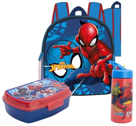 MARUKATSU Spiderman Set Mochila Infantil, Sandwichera infantil y Botella escolar - Pack Diseño Colorido | Mochila Escolar 31x25x11cm Niño Niña de 3 a 8 Años | Material Escolar Vuelta al Cole