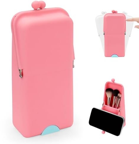 LOURCQVO Standable Silicone Makeup Brush Holder Travel Organizer, Waterproof Portable Cosmetic Bag Case with Suction Base for Brushes, Beauty Tools and Accessories, Pink