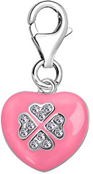 Quiges Charm Anhänger Weiß Zirkonia und Rosa Emaille Herz 925 Silber mit Karabinerverschluss für Bettelarmband