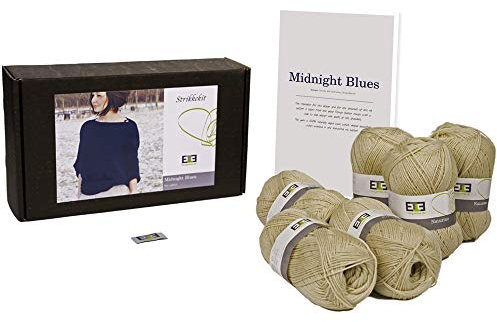 DesignEtte Strickset Pullover DIY Pulli Midnight Blues mit 11 Knäulen feiner Merino Wolle + Anleitung für 7 Dänische Strick Designs und 2 Häkel Designs. Größe M/L, Weiss.