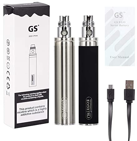 E-Cigarettes Battery Kit Discoball Authentic GS Ego II Rechargeable Battery and USB Charging Cable for 510 Thread Vape Pen Nicotine Free (Black+Steel, 2200mAh, 2 PCS)