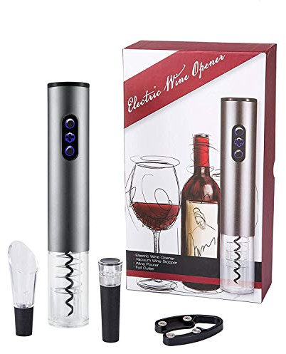 Bi-Komfort Electric Wine Opener Gift Set with Deluxe Package Includes Wine Accessories of Foil Cutter, Wine Pourer and Vacuum Wine Stopper Silver