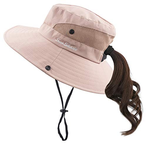 Muryobao Damen Pferdeschwanz Sonnenhut UV-Schutz Faltbar Mesh Breite Krempe Strand Fischerhut, Pure Pink, Einheitsgröße