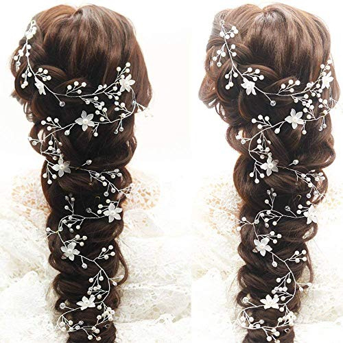 Chargances Wedding Hair Vine Long Bridal Headband Pearl Accessories for Bride and Bridesmaid Flower Headpiece (100cm / 39.3inches)