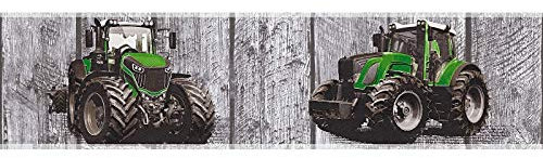 Traktor Tapeten Bordüre | Bauernhof Kinderzimmer Tapete für Jungen in Grau und Grün | Vlies Tapetenbordüre ideal für Jungenzimmer