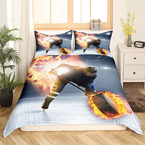 Eishockey Bettwäsche Set, Teens Puck Sport Fans Bettbezug 135X200, Sportspiele Thema Trösterbezug Für Kinder Jungen Erwachsene Männer, Gold Flame Sanft Mikrofaser Bettbezug Schlafzimmer Dekor