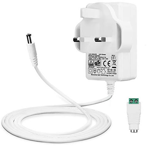 Lacasa 12V 2A Power Supply for LED Strips, Transformer AC 200-240V to DC 12V Driver Converter Adapter 24W with 5ft/1.5m Long Cable, UK Plug, 5.5 x 2.1mm Jack, UKCA Approved, White