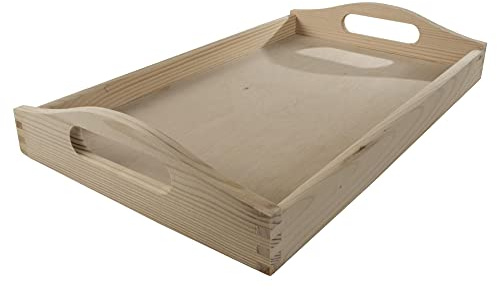 WooDeeDoo Medium Wooden Serving Tray with Curved Handles – Natural Unfinished Pine, 39.5 x 24 x 6.5 cm – Rustic Decorative Tray for Breakfast, Tea, Coffee or Display in Kitchen, Dining Room or Café