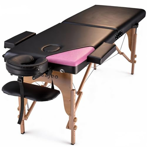 Masajeo Professionelle Massageliege, tragbares Massagebett für Spa, Salon, Tattoo, Kosmetiker, Wimpernreiki, verstellbare Höhe 213,4 cm lang und 227 kg Tragkraft, Schwarz