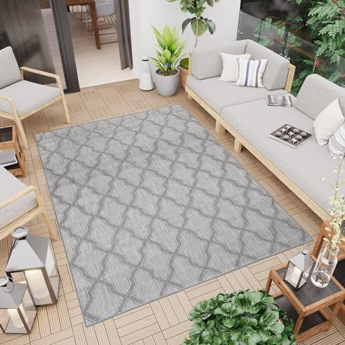 TAPISO Capri Teppich Outdoor Flachgewebe Sisaloptik Grau Modern Gitter Balkon Terrasse Küche Indoor Wetterfest Wasserfest UV-Beständig 140 x 200 cm