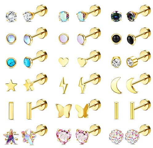 LOLIAS 18 Paar Chirurgische Edelstahl Ohrstecker Für Frauen Männer Knorpelohrringe Ohrstecker Kreuz Mond Stern Kleine Ohrstecker Gold Schraube Flache Rückseite Ohrringe Ohrpiercing Ohrstecker