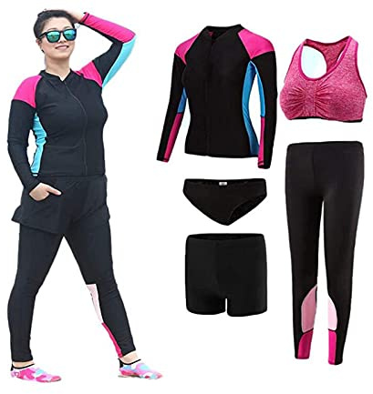 Neoprenanzug Damen Plus Größe 4XL-5XL Neoprenanzug 5-teilige Bademode Farbblock Reißverschluss Badeanzug Shorty Anzug zum Schnorcheln, Tauchen und andere Wasseraktivitäten
