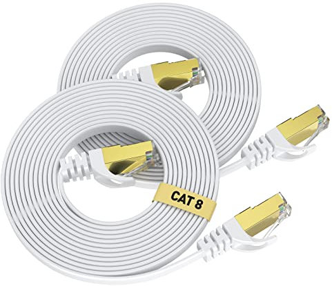 VOIETOLT Cat8 Lan Kabel 2M (2 Stücke), 40Gbps/2000MHz Flach Schirmung Hochgeschwindigkeit Netzwerkkabel, STP RJ45 Gigabit Cat-8 Ethernet Kabel für PS4/5, für Modem, für Router (weiß)