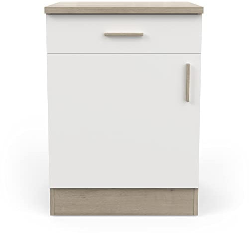 PEGANE Meuble Bas de Cuisine 1 Porte + 1 tiroir Coloris chêne kronberg, Blanc - Longueur 60 x Hauteur 85 x Profondeur 60 cm