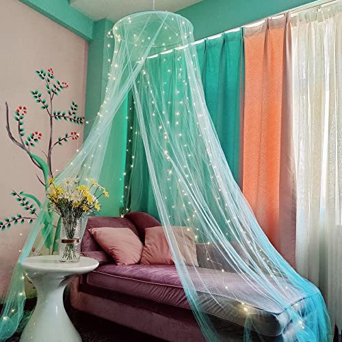 Eimilaly Betthimmel Moskitonetz mit 250pcs Bunte Vorhang Lichter, Betthimmel für Mädchen Zimmer Dekoration oder Motto-Party, Green/Warmweiße Lichter