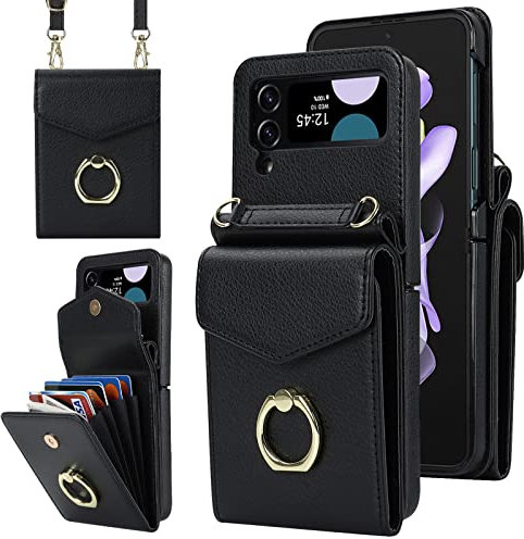 SINQERISHT Handykette Handyhülle für Samsung Galaxy Z Flip 4 5G 2022 Wallet Hülle PU Leder Case mit Kartenfach, Brieftasche mit 360° Ring Ständer Klapphülle Magnetverschluss Cover(Schwarz)