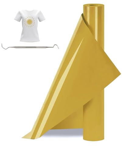 Bocguy Rouleau Vinyle Thermocollant Or pour Tissus 30,5 CM X 377 CM avec Outil Désherber, Flex Thermocollant pour Tissus, Cricut et Découpe Silhouette (Or)