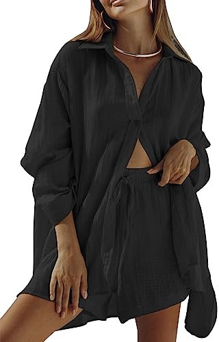 Sovoyontee Damen 2-Teiliges Langarm Loungewear Shorts Set Lounge Sweatsuit Lässiger Trainingsanzug Schlafanzug Schwarz M