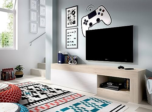 Dmora - Mobile porta TV Averau, Credenza bassa da soggiorno, Madia da salotto per televisione, 204x42h48 cm, Rovere e Bianco