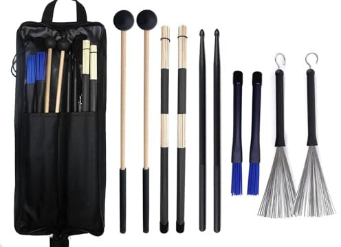 TUOREN Drumstick-Tasche mit Bodentom-Haken inklusive 5 Paar Drumsticks Schlägel Bürsten Set Percussion Instrument Zubehör für Kinder Erwachsene Schlagzeuger Praxis schwarz