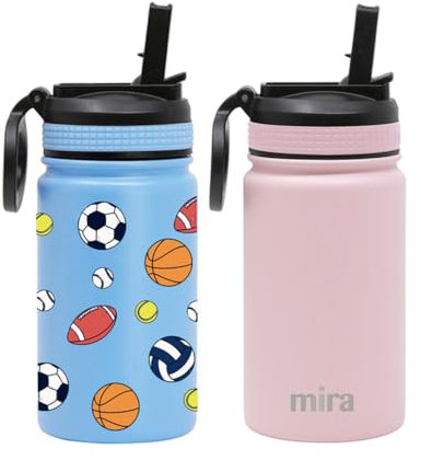 MIRA Kleine isolierte Wasserflasche für kalte Getränke, auslaufsicherer Edelstahl mit Strohhalm-Deckel für Reisen, Wandern, Fitnessstudio, Bälle, Rosa, 2 Stück
