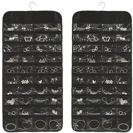 Organisateur de bijoux à suspendre - Double face - Avec 80 poches et crochets en métal - Porte-bijoux double face pour accessoires, bagues, boucles d'oreilles, collier, bracelet - 86 x 43 cm - Noir