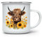 MAXIKIWI - Durable Enamel Coffee or Tea Camping Mug for Indoor Outdoor Use - Highland Cow with Sunflowers - 350ml