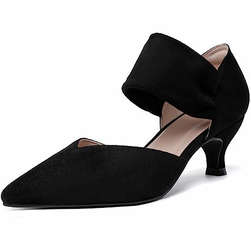 RIBONGZ Black Kitten Heels for Women Closed Toe Church Shoes Comfortable Low Heels Pointed Toe Sexy Slip on Pumps Wedding Bridal Party Dressy Shoes 8.5