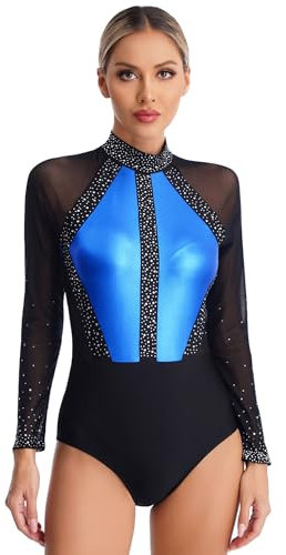 Oyolan Damen Turnanzug Langarm Ballettbody mit Strass Gymnastikanzug Eiskunstlauf Anzug Wettkampf Ballettkleidung Königsblau L