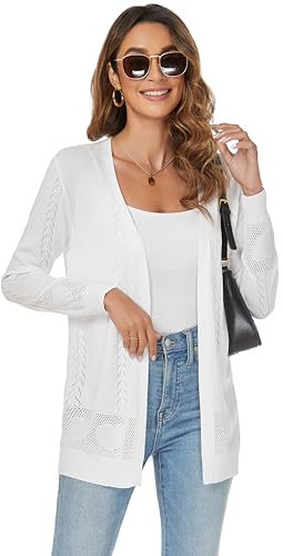 Famrrifuu Cardigan Donna Lungo Cotone Leggero Maniche Lunghe Giacca Elegante Estivo Cardigan in Maglia,Bianco,XXL