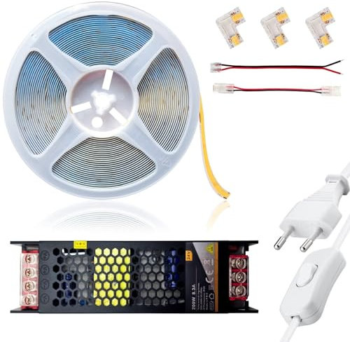 MAKA Striscia LED COB 24V Bianca Adesiva IP20 per Interni - 15W/m - 420 LED/m - 1500 Lumen/m - Trasformatore 200W - Sottile 7mm - Ideale per Cucina, TV - Dimmerabile (Luce fredda 6500K, 10 metri)