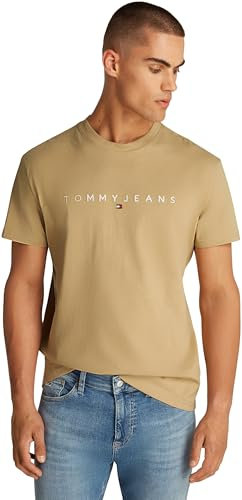 Tommy Jeans Camiseta de Manga Corta Hombre Linear Logo de algodón, Beige (Relic Tan), XS