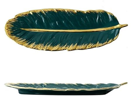 Pcs Creative Ceramic Tray with Golden Edge Dark Green Feather Dinner Plate Banana Leaf Shaped Fruit Plate Fashion Storage Dishes