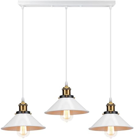 Pendelleuchte 3 Flammige Hängeleuchte Vintage Industrielle Hängelampe E27 Deckenleuchte Retro Design Lampenschirm 220mm Edison Lampe für Küche Esszimmer Schlafzimmer Flur (Weiße-eine Stange 50cm)