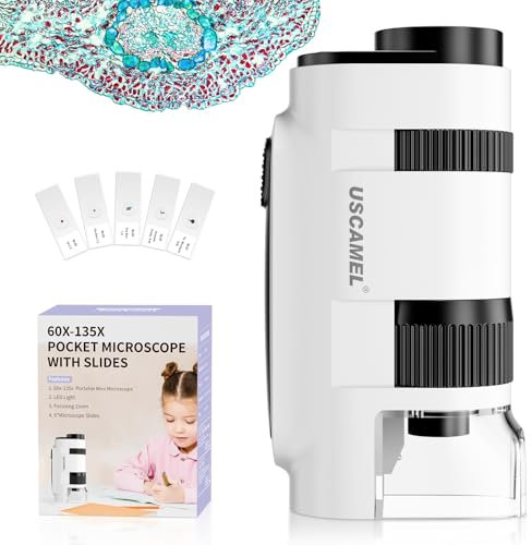Microscope de Poche USCAMEL pour Enfants et Adultes - Mini Microscope 60x-135x, Microscope Portable avec 5 Lames, Parfait pour l'Observation Microbiologique, l'Apprentissage Préscolaire et l'Étude