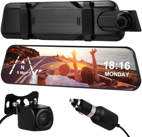ULTECHNOVO Caméra de Tableau de Bord Et Arrière 10 1 Pouces Plein Écran avec Rétroviseur Tactile Double Enregistrement pour Voiture Caméra de Recul