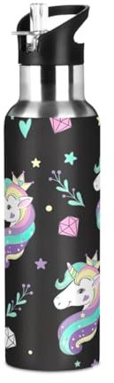 Botella de agua de acero inoxidable con diseño de unicornios y corazones sobre negro, sin fugas, con pajilla, para gimnasio, para mujer