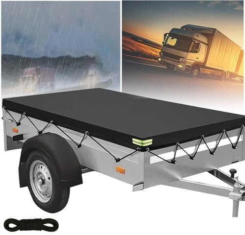 alouweekuky Bache Remorque 214 X 122 X 13cm, 600D PVC Renforcé Bâche pour Remorque, Bâche Protection Plate avec Corde de Bâche et Bandes Réfléchissantes Adaptée Aux Remorque de Voiture 750 kg